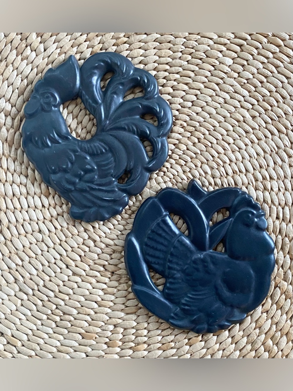 VTG Chicken Rooster Black Ceramic Wall Decor Plaques Signed Set of 2 MCM